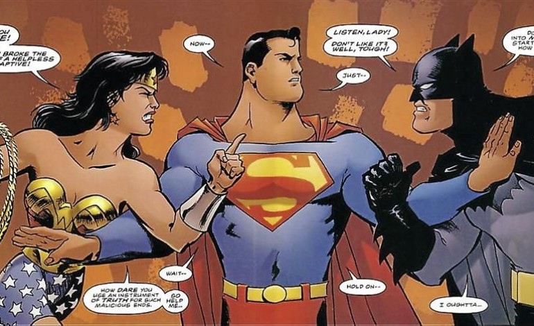 Batman Superman And Wonder Womans first meeting