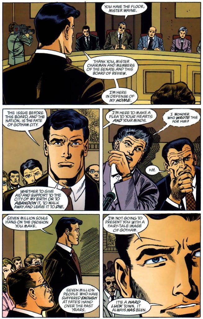 Bruce Wayne talks to the Senate in Washington in order to save Gotham