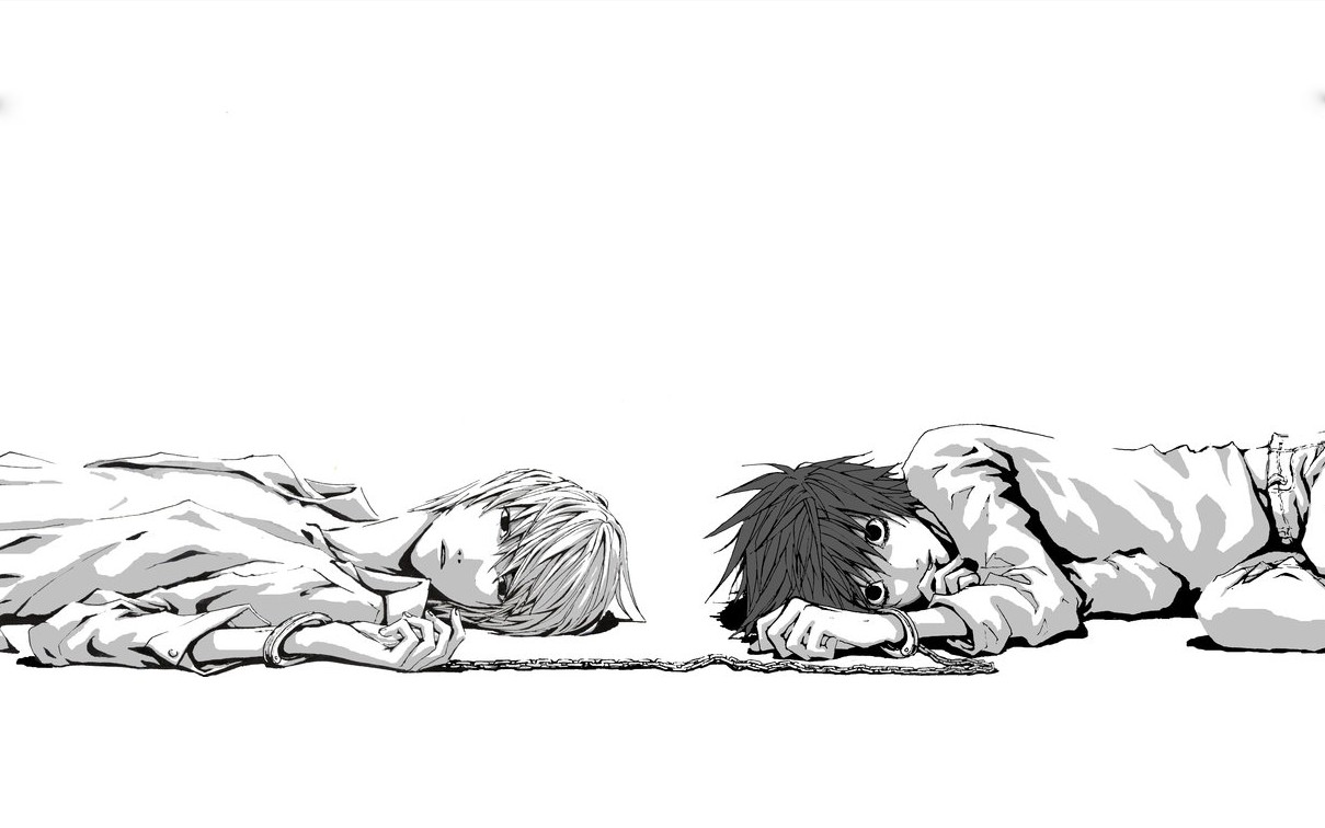 Light and L handcuffed together in Death Note Volume 5